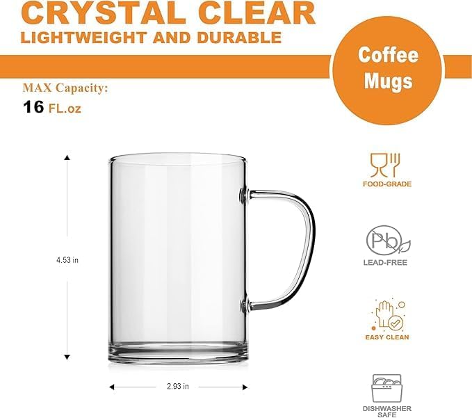 Glass Coffee Mugs – Set of 4, 470 ml | Large Clear Glass Tea & Coffee Cups | Lead-Free Flat Bottomed Glasses for Latte, Milk, Water & Everyday Beverages - Image 3