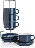 Sweejar Porcelain Cappuccino Cups with Saucers and Metal Stand, 8 Ounce Stackable Espresso Cups for Specialty Coffee Drinks, Latte, Americano, Tea - Set of 4 (Navy) by Sweejarco1949