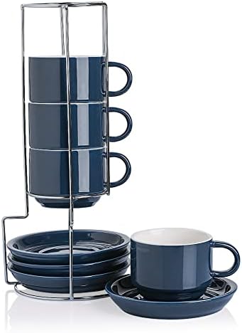 Sweejar Porcelain Cappuccino Cups with Saucers and Metal Stand, 8 Ounce Stackable Espresso Cups for Specialty Coffee Drinks, Latte, Americano, Tea - Set of 4 (Navy) by Sweejarco1949