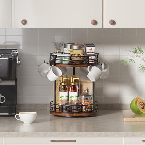 Rotating Coffee Mug Holder Rack Stand, 2 Tier Wooden Coffee Station Bar Organizer for Countertop, Spinning Kitchen Counter Organizer, Mug Shelf with 6 Hooks, Rustic Brown and Black - Image 6