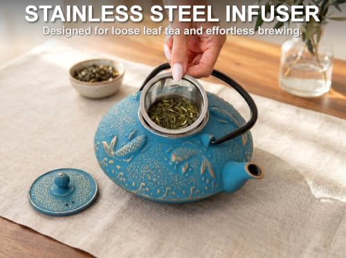 Mediterranean Blue Koi Cast Iron Tea Set, 2 Cups, 2 Saucers & Infuser - Image 4