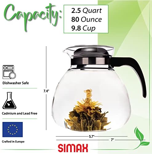 Simax Glassware 2.5 Quart Glass Teapot | Short Spout, Stay Cool Plastic Handle and Lid, Stovetop and Dishwasher Safe, Heat, Cold, and Thermal Shock Resistant Borosilicate Glass - Image 2