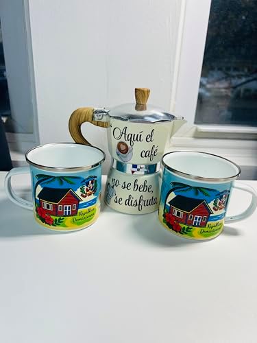 Dominican Republic Stovetop Espresso Maker with 2 Enamel Mugs, White, 11 oz, República Dominicana Theme Coffee Set - Image 4