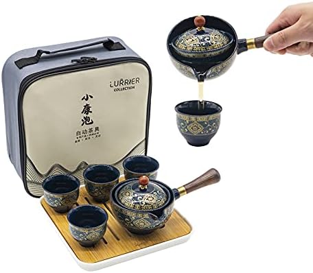 LURRIER Porcelain Chinese Gongfu Tea Set,Portable Teapot Set with 360 Rotation Tea maker and Infuser,Portable All in One Gift Bag for Travel,Home,Gifting,Outdoor and Office (Floral Blue) by LURRIERUS