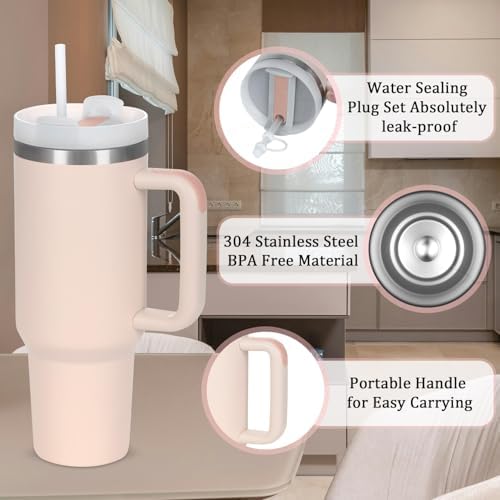 4 Pack 40 Oz Tumbler with Handle Bulk, Double Wall Vacuum Insulated Stainless Steel Tumbler with Lid and Straw, 40 oz cup with Silicone Spill Proof Stopper Set (Rose Quartz) - Image 4