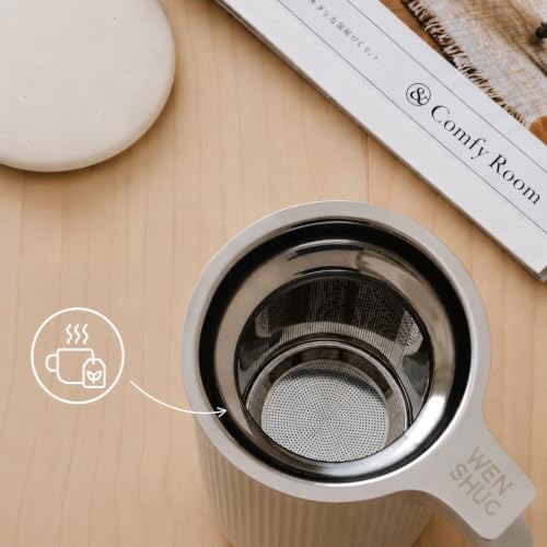 WENSHUO Tea Infuser Mug with Lid, Ceramic Cup for Loose Leaf, 20 oz, Crème - Image 4