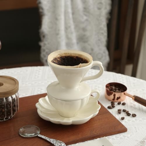 Ceramic Flower-shaped Tea Cup and Saucer Set 5oz/150ml Cappuccino Coffee Mug and Saucer, Unique Designer Pottery Gift for Tea Lovers (Ivory) - Image 5