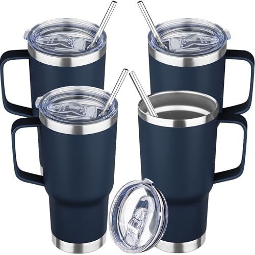 20 oz Tumbler with Handle Stainless Steel Insulated Coffee Mug Tumbler with Lid and Straw Double Wall Vacuum Insulated Coffee Mug Leak Proof Travel Mug Tumbler for Hot and Cold Drink (Navy Blue,4pack) by YEBTSLife