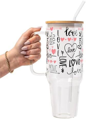 Sip-Sip Hooray! Love Script Hearts 40oz Glass Tumbler with Lid and Straw by Sip-SipHooray