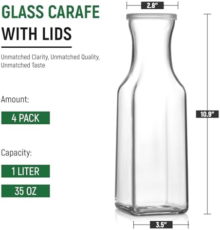 Set of 4 Square Glass Carafe with Lid, 1 Liter Clear Glass Pitcher, Beverage Serveware Carafe for Mimosa Bar, Brunch, Cold Water, Juice, Milk, Iced Tea, Lemonade - Image 2