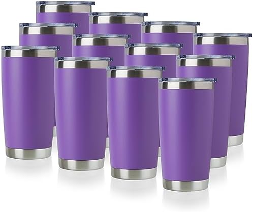 DOMICARE 20oz Stainless Steel Tumbler Bulk with Lid, Double Wall Vacuum Insulated Travel Mug, Powder Coated Coffee Cup, Powder Purple, 12 Pack by VisittheDOMICARE