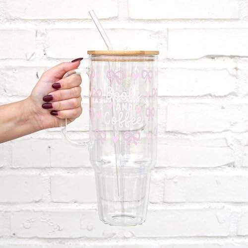 Sip-Sip Hooray! Books and Coffee 40oz Glass Tumbler with Lid and Straw - Image 2