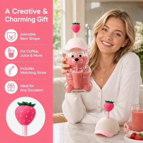 Glass Bear Cup with Straw, Pink Cap Lid & Strawberry Topper,20 oz - Image 4