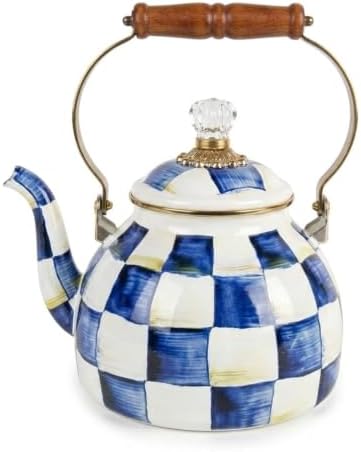 Checkered Tea Kettle for Checkered Kitchen Decor - Blue and White Tea Kettle for Stovetop - Stylish Enamel Teapot with Wooden Handle - Vintage Classic Teapot with Elegant Lid & Knob- 2.5 Quart by Unknown