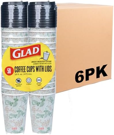 Glad Disposable Coffee Cups with Lids, Coffee Flower, 16 Oz, 50 Count, 6-Pk by GladTrashFoodStorage
