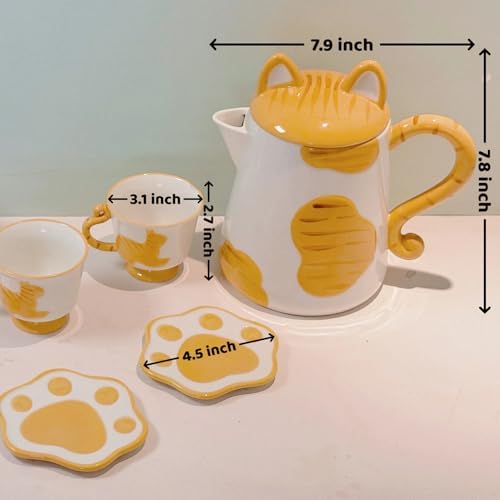 Ceramic Cat Tea Set,Cute Cat Paw Tea Mugs And Saucers Set Of 4,Perfect Cat Themed Gifts,Lovely Cat Decor,Tea Sets for Adults,Excellent Gift Idea For Cat Lovers (Orange, 4) - Image 2