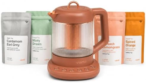 Viante Nina Electric Tea Kettle Gift Set with 4 Loose Leaf Teas, 1.5L Glass and Stainless Steel, Zero Plastic Water Path, 4 Temperature Presets, Removable Infuser, Up to 132 Cups (Terracotta) by Viant%C3%A9