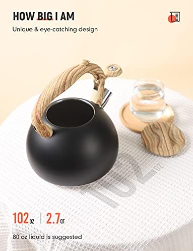 BELANKO 2.7 Quart Tea Kettle for Stovetops - Food Grade Stainless Steel Teapot with Loud Whistle, Cool-Touch Wood Pattern Handle, Rust-Resistant Whistling Kettle - Matte Black - Image 3