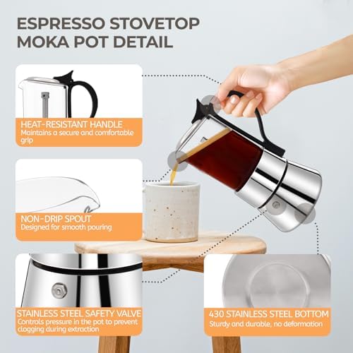 Clear Glass Moka Pot 6 Cup 350ml Stainless Steel Coffee Maker - Image 4
