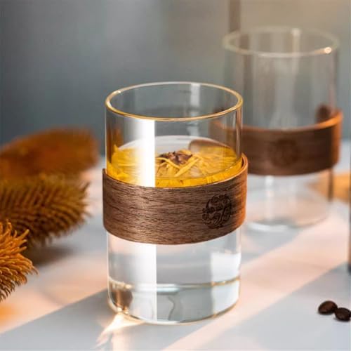 Glass Cups 11.8Oz Drinking Glasses with Walnut Ring Set of 2 Drinking Glasses(Clear) - Image 4