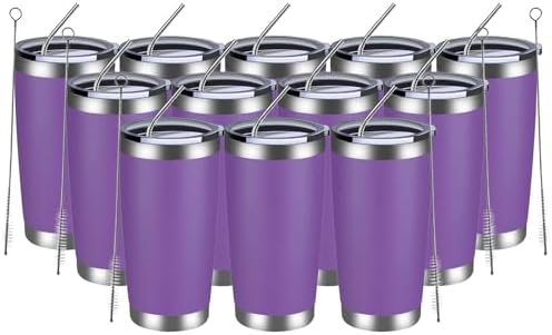 MEWAY 20oz Tumbler 12 Pack Double Wall Vacuum Insulated Travel Mug Bulk, Stainless Steel Tumblers with Lid and Straw, Durable Powder Coated Coffee Cups for Cold & Hot Drinks (Purple, 12) by MEWAY