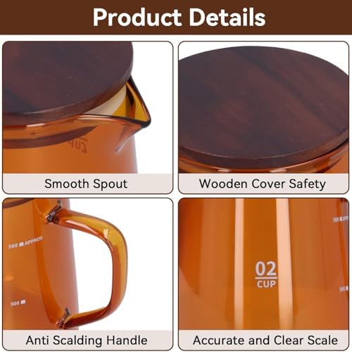 Small Glass Carafe, 16.9oz Glass Coffee Server Manual Pour over Coffee Beaker Tea Pot with Wooden Lid Clear Teakettle Borosilicate Glass Decanter (Brown) - Image 4