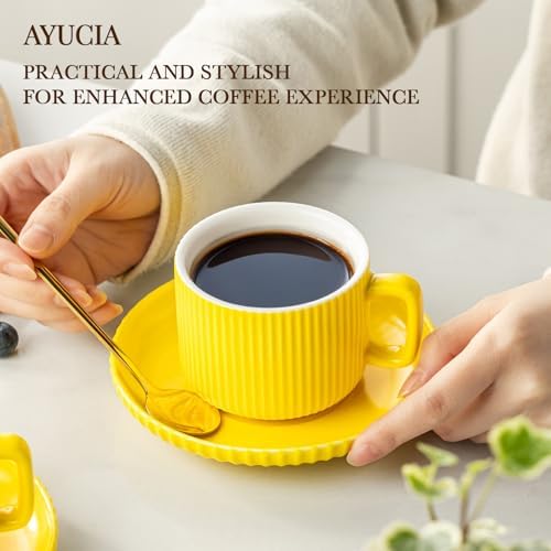 5 Ounce Espresso Cups Set of 4, Small Coffee Cups with Saucers and Spoons, Yellow Ceramic Demitasse Espresso Mugs - Image 3