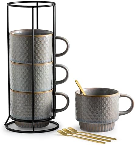 Gomakren Stackable Coffee Mugs Set of 4 Coffee Cups with Stand, Light Gray by Gomakren