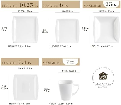 MALACASA 30 Piece Porcelain Dinnerware Set, Square Plates and Bowls for 6 - Image 2