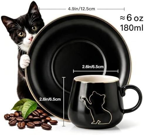 6 oz Ceramic Espresso Cups Set of 2 with Saucers Cat Coffee Cups with Gold Rim and Gift Box for Cappuccino and Coffee Black - Image 2