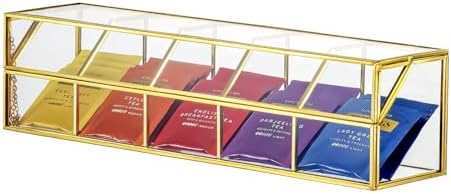 NCYP Glass Tea Bags Organizer with 5 Grids Compartments, Indoor Counter Top Brass Display Case with Lid, Storage Box, Gold, Decor, Teabag Storage, 14.5 x 3.6 x 3.66 Inches (Glass Box Only) by NCYP