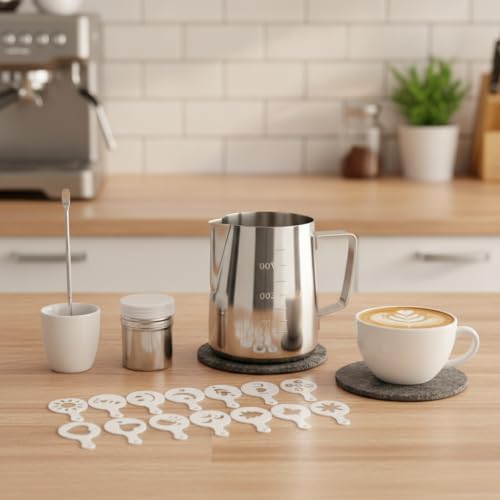 Milk Frothing Pitcher Set with Latte Art Molds, Needle, and Powder Shaker for Home Espresso - Image 3