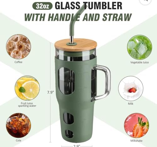 32oz Glass Tumbler with Handle and Straw, Bamboo Lid, Silicone Sleeve, Reusable Iced Coffee Cup for Travel, Home, Office (OLIVE) - Image 4