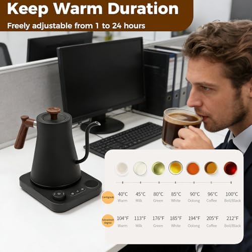 Gooseneck Electric Tea Kettle with Pour Over Pot with LED & Precise 1°F Temp Control,Keep Warm, Hot Water Kettle for Home/Office 304 Stainless Steel (Black) - Image 4