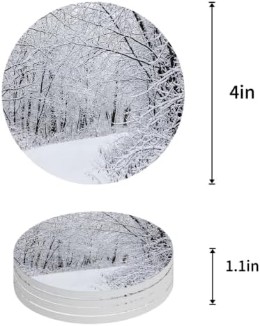 Winter Snow-Covered Trees Coasters for Drinks, Sets of 6 with Holder Natural Landscape Snow Path Absorbent Ceramic Coaster with Cork Base Decor for Wooden Table & Bar, Housewarming Gift Home Decor - Image 4