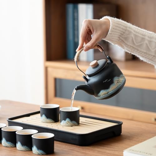 Chinese Tea Set – Black Porcelain Gongfu Teapot with 6 Cups & Tea Tray, Travel Tea Set with Carrying Case for Tea Ceremony, Daily Tea Ritual, Asian Style Gift - Image 6
