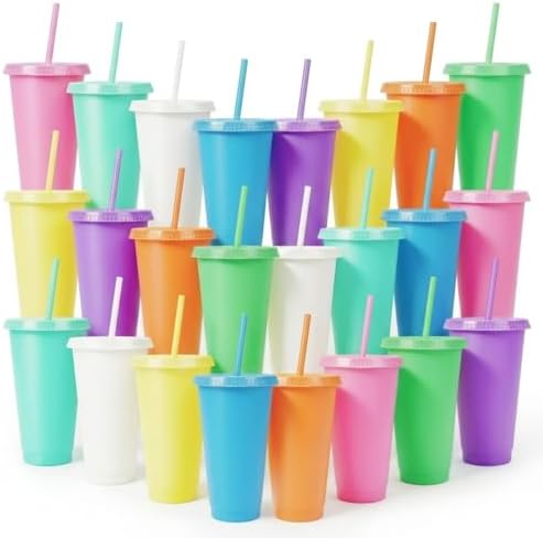 24 Pack Plastic Tumblers with Lids and Straws, Reusable Cups with Lids Plastic Colorful Cups for Parties Birthdays, Iced Coffee Cup Cold Drink Cups Bulk Tumblers (24 oz, Macaron Colors) by LEIFEOSH