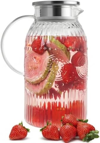 Bandesun Vintage Glass Pitcher with Lid, 101oz/ 3 Liter Water Pitcher with Handle for Fridge Heat Resistant Borosilicate Water Jug, Carafe for Hot/Cold Coffee, Tea,Beverage 1Pack by Bandesun