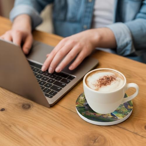 Forest Raccoon Drink Coasters Set of 6 with Holder,Absorbent Round Ceramic Coasters for Desk,Animal Bird Mountains Tree Natural Landscape Cup Mats for Home Kitchen Office Party Coffee Table Decoration - Image 3