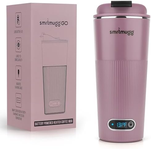 SmrtMugg GO Heated Coffee Mug, Travel Mug, 13.5 OZ. Smart Mug, Battery Powered Heated Coffee Mug, Great for Coffee and Tea, Snap on Magnetic Charging Cord, Adjustable Temperature (Lilac) by SmrtMugg