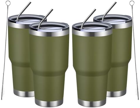 MEWAY 30oz Insulated Tumbler With Lids and Straws,Stainless Steel Double Vacuum Coffee Tumbler Cup, Brush, Durable Powder Coated Coffee Cup for Cold & Hot Drinks, Office, Travel(Army Green,4 PACK) by MEWAY