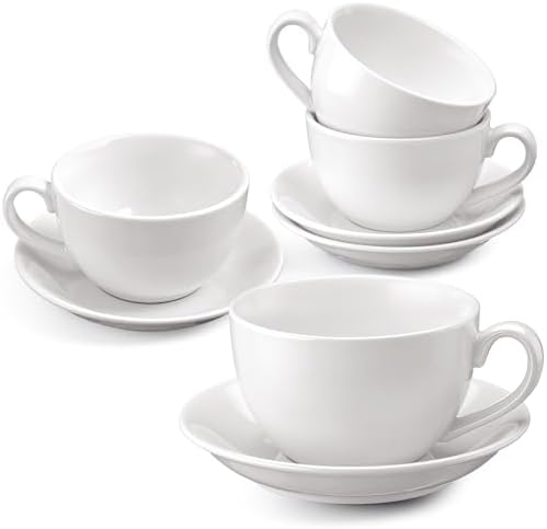 4 Set 16oz Cappuccino Cups with Saucers, Heavyweight Porcelain by Acellegic
