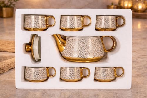 Porcelain Tea Set with 1 Kettle, 6 Piece Tea Cup Set, Aesthetic Classic Teaware Set for Home, Kitchen Decor & Gifting (Oriic Bloomm) - Image 5
