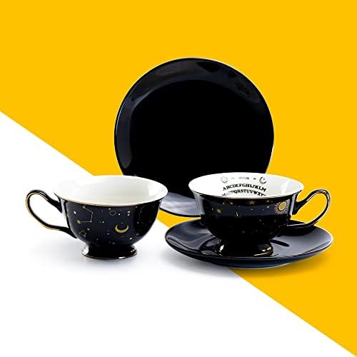 Black Gold Scallop Teapot + 4 Assorted Halloween Tea Cup and Saucer Sets - Ouija and Witchy Crystal Ball - Image 4