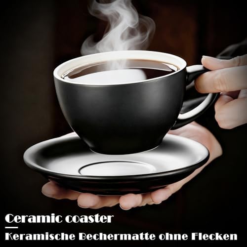 Yundu Matte Black Cappuccino Cups Set of 4-10oz Ceramic Latte Mugs with Saucers, Elegant Espresso Cups for Coffee & Tea - Image 4