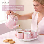 DEARART Luxury Ceramic Tea Set, 1 Teapot & 6 Cups with Serving Tray, Handle Porcelain Coffee Tea Service Set, Elegant Pink Tea Cup Set for Home Kitchen, Afternoon Tea etc - Image 4