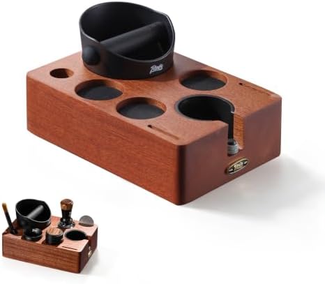 Bincoo Walnut Espresso Tamping Station with Knock Box - 2-in-1 Wooden Coffee Organizer for 51mm, 53mm, 54mm, 58mm Portafilter - Tamper Holder & Catch Bin for Home Barista by Bincoo
