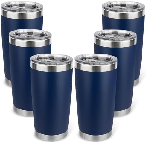 20oz Stainless Steel Tumbler Bulk with Lid, Travel Mug - Double Wall Vacuum Powder Coated Cup - Navy Blue, 6 Pack by Unknown