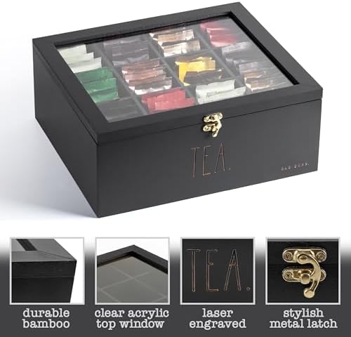 Rae Dunn Tea Bag Organizer - Tea Box Divided Storage Container Box with Hinge Lid for Kitchen Cabinet, Countertop, Pantry, Hold Coffee Pods, Seasoning Packets, Condiments, Black - Image 4
