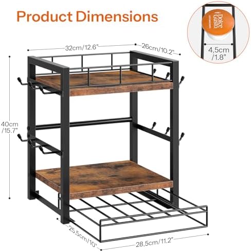 HOOBRO Coffee Mug Cup Holder, Tree Bar Station Organizer for Countertop, 12 Hooks Mug Stand Rack & Sliding Drawer intended for 30 K-Cup Pods, 2 Tier Mug Display Stand, Rustic Brown and Black BF11TL01 - Image 3